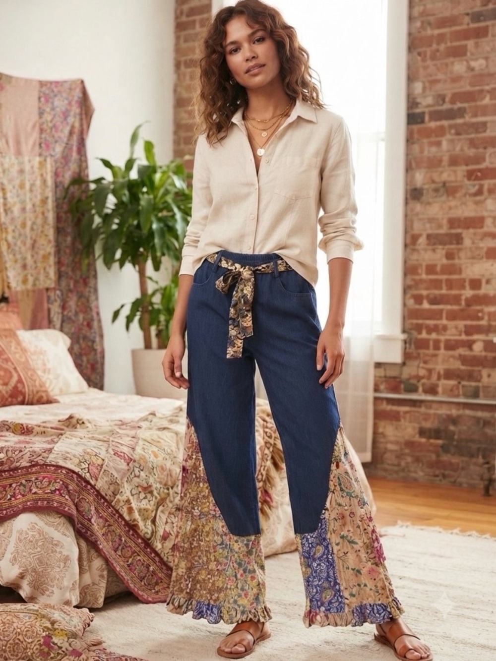 Young Threads Bohemian Patchwork Wide-Leg Pants